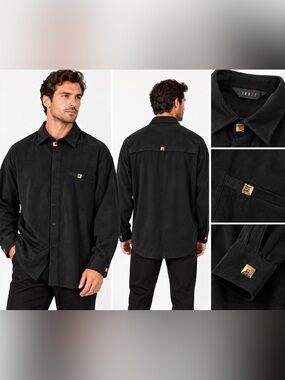 Men's Black Long-Sleeve Shirt Jacket - Suede Finish